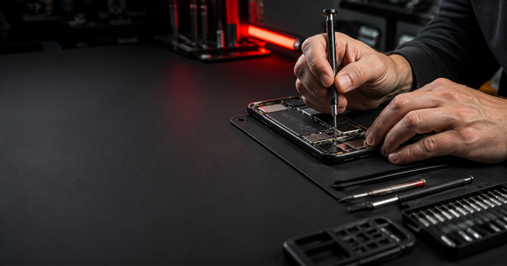 Technician repairing a smartphone at a precision workbench